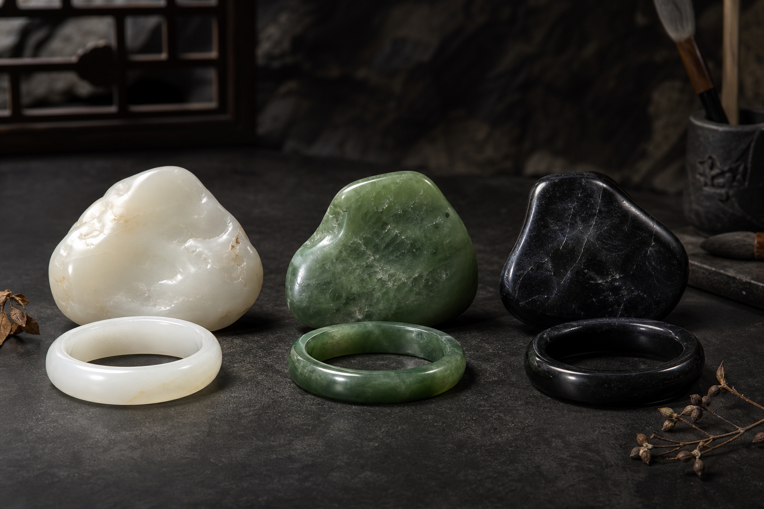 White, green and black jade shown side by side for color and texture comparison