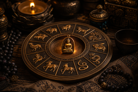 Chinese zodiac guardian Buddha calculator with zodiac wheel and Buddha amulet