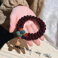 Buddhabelief Vintage Red Sandalwood Mala Beads | Handcrafted Prayer Beads with Colorful Accents & Lotus Tassel