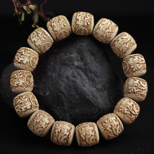 Antique Camphor Wood Pixiu & Hui‑Pattern Bead Bracelet - Buddhabelief