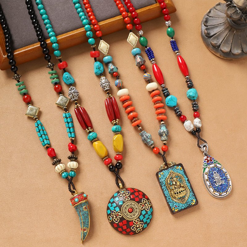 Tibetan Ethnic Style Pendant Necklace – Turquoise & Nepalese Copper Beads - view 6