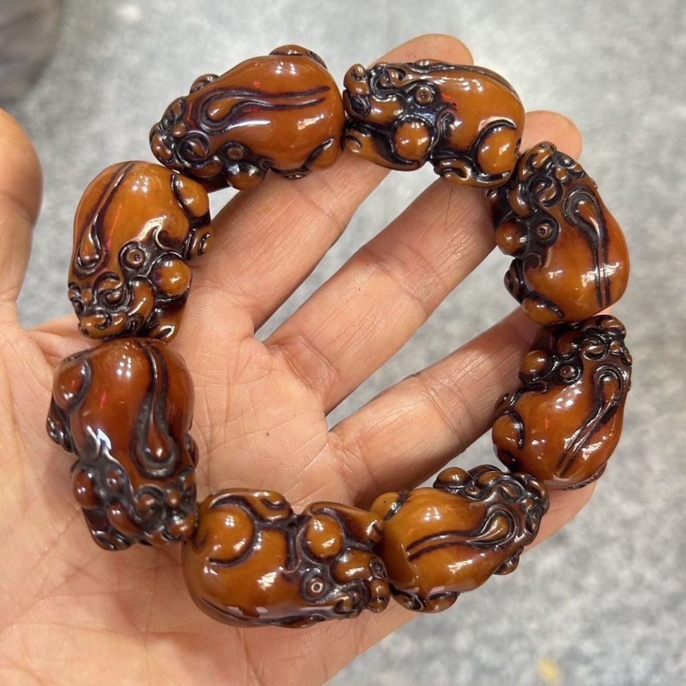 Carved Amber Pixiu Bracelet – Wealth & Protection - view 2