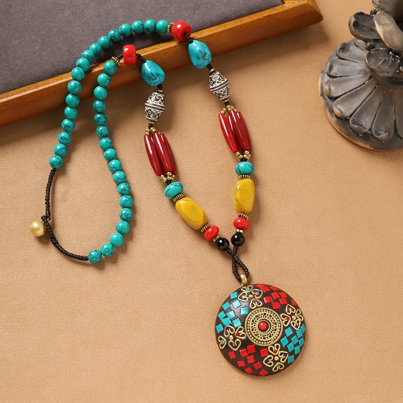 Tibetan Ethnic Style Pendant Necklace – Turquoise & Nepalese Copper Beads - view 1
