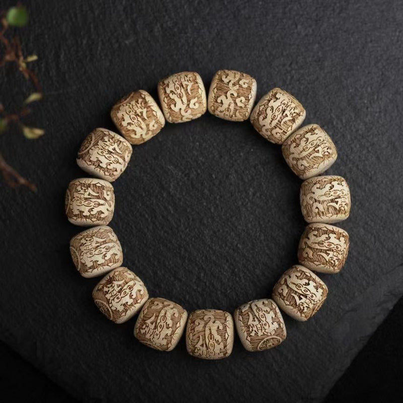 Antique Camphor Wood Pixiu & Hui‑Pattern Bead Bracelet - Buddhabelief