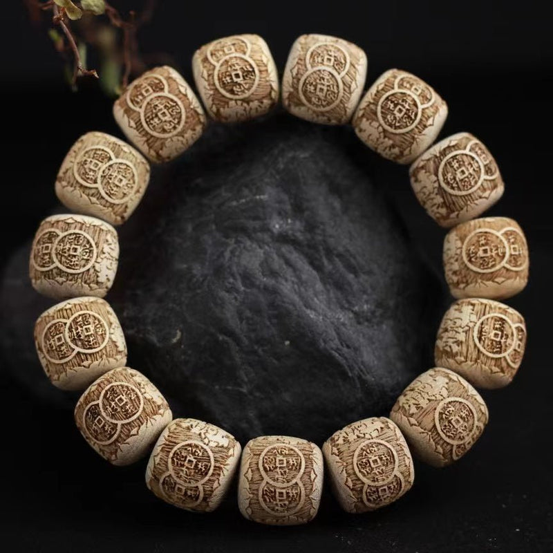 Antique Camphor Wood Pixiu & Hui‑Pattern Bead Bracelet - Buddhabelief