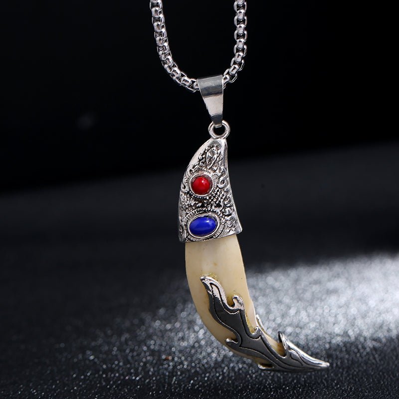 Tibetan Wolf Fang Pendant – Titanium Steel Necklace with Snake Chain - view 4