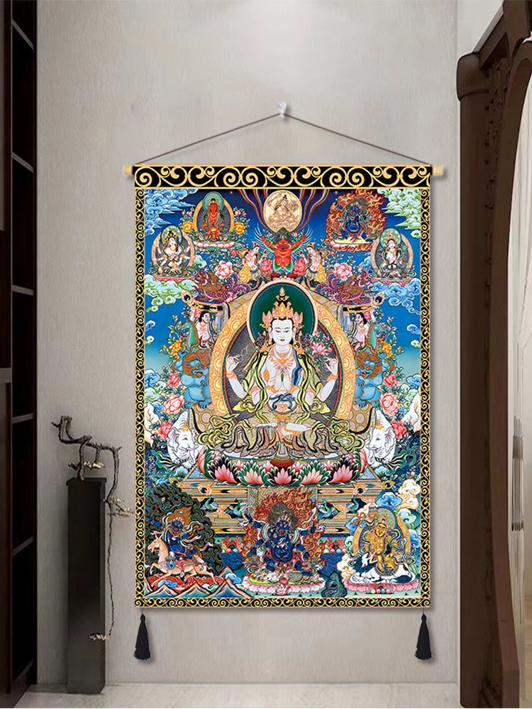 Handmade Tibetan Thangka Wall Scroll with Silk Tassel, Lama Blessed for Home Altar, Meditation & Wealth - Buddhabelief