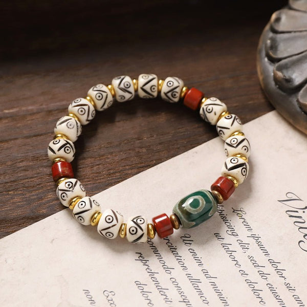 Tibetan Natural Yak Bone Carved Bracelet – Agate & Dzi Bead Accents