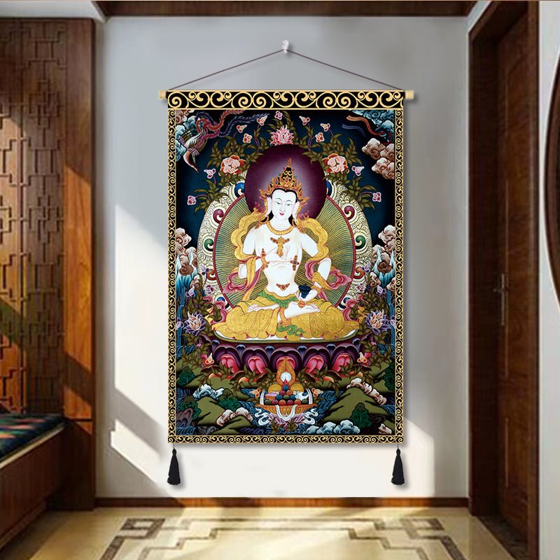 Handmade Tibetan Thangka Wall Scroll with Silk Tassel, Lama Blessed for Home Altar, Meditation & Wealth - Buddhabelief