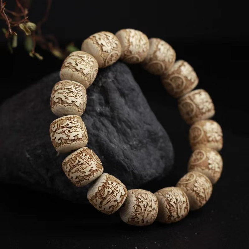 Antique Camphor Wood Pixiu & Hui‑Pattern Bead Bracelet - Buddhabelief