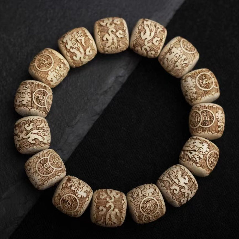Antique Camphor Wood Pixiu & Hui‑Pattern Bead Bracelet - Buddhabelief