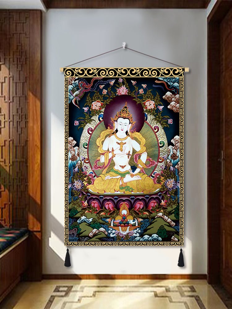 Handmade Tibetan Thangka Wall Scroll with Silk Tassel, Lama Blessed for Home Altar, Meditation & Wealth - Buddhabelief
