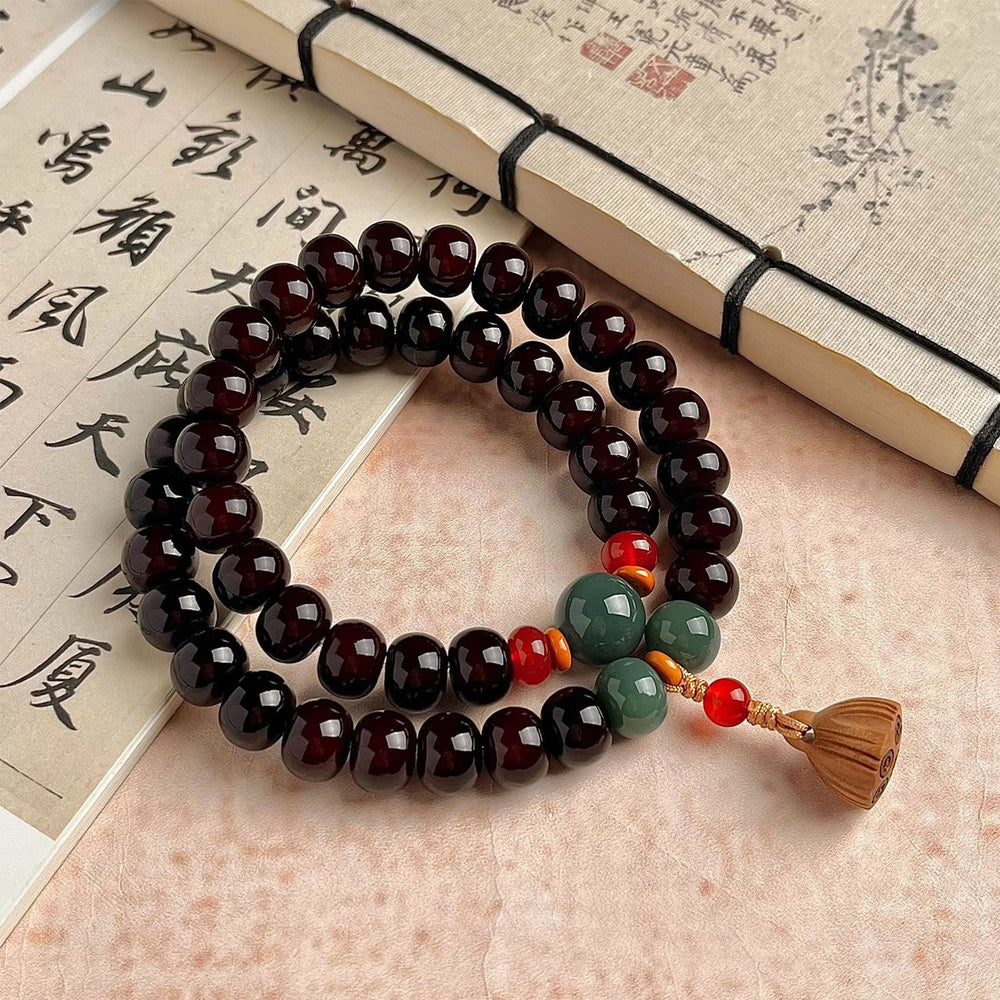 Vintage Red Sandalwood Mala Beads | Lotus Tassel - view 3