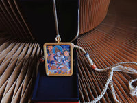 Thangka deity pendant necklace with gold frame and cord, Tibetan Buddhist jewelry