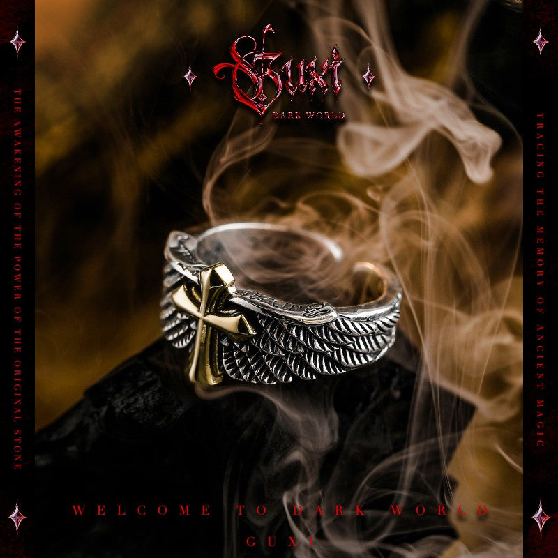 925 Silver Cross & Feather Wrap Ring — view 1