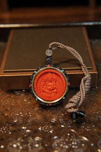 Yellow Jambhala Cinnabar Thangka Pendant - Hand - Painted Tibetan Amulet for Wealth & Prosperity - Monk Blessed Necklace - Buddhabelief