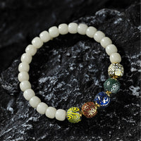 「Five Elements Harmony」Aged Bodhi Seed Mala Bracelet - 8mm Beads with Elemental Gemstone Accents for Balanced Energy Flow - Buddhabelief