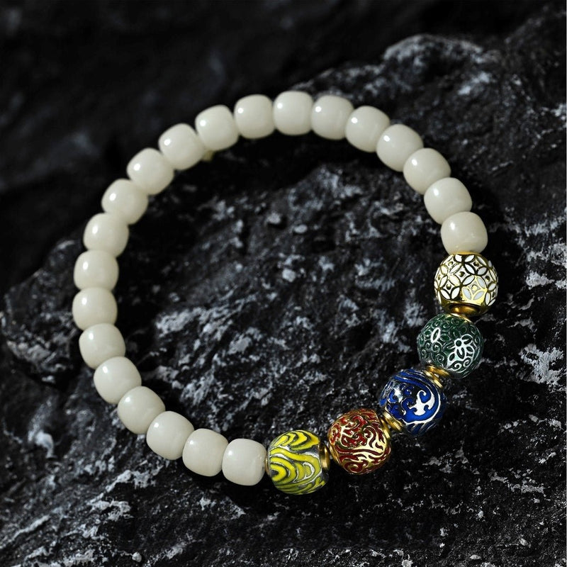 「Five Elements Harmony」Aged Bodhi Seed Mala Bracelet - 8mm Beads with Elemental Gemstone Accents for Balanced Energy Flow - Buddhabelief