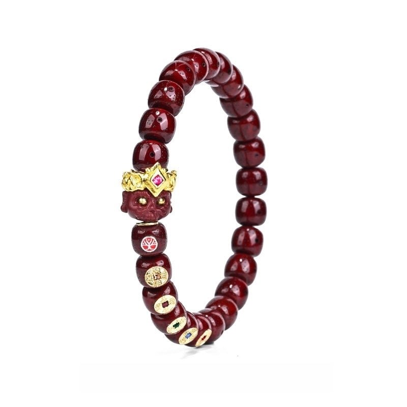 'Wealth Deity's Blessing' Cinnabar - Infused Star Moon Bodhi Bracelet 9x8mm - with Martial Wealth God Pendant - Monk - Blessed for Prosperity & Protection - Buddhabelief