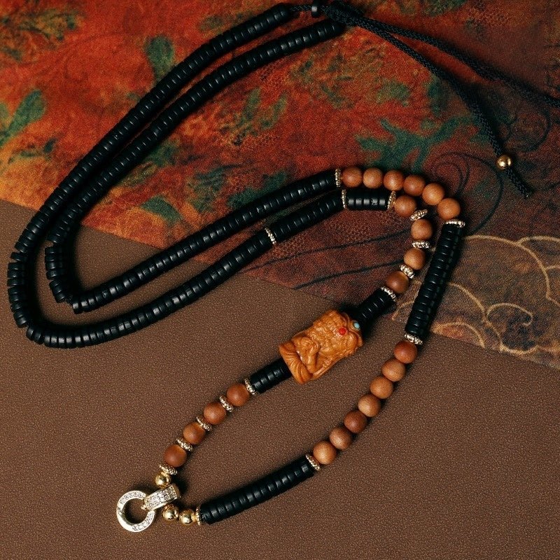 Coconut Shell & Sandalwood Zhai Lhamo Pendant Necklace - Tibetan Wealth Amulet Cord - Buddhabelief