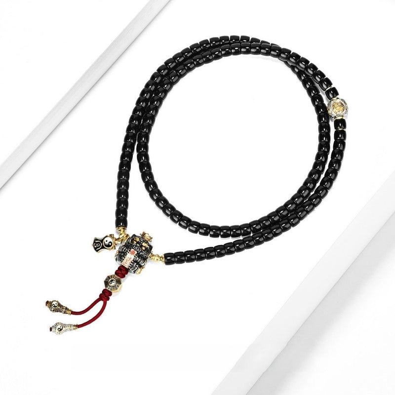 "Golden Honored White Emperor · Mystical Tiger" Taoist Mala - 6mm Black Coconut Shell Prayer Beads - Monk - Blessed Spiritual Jewelry for Wealth Authority & Cosmic Protection - Buddhabelief