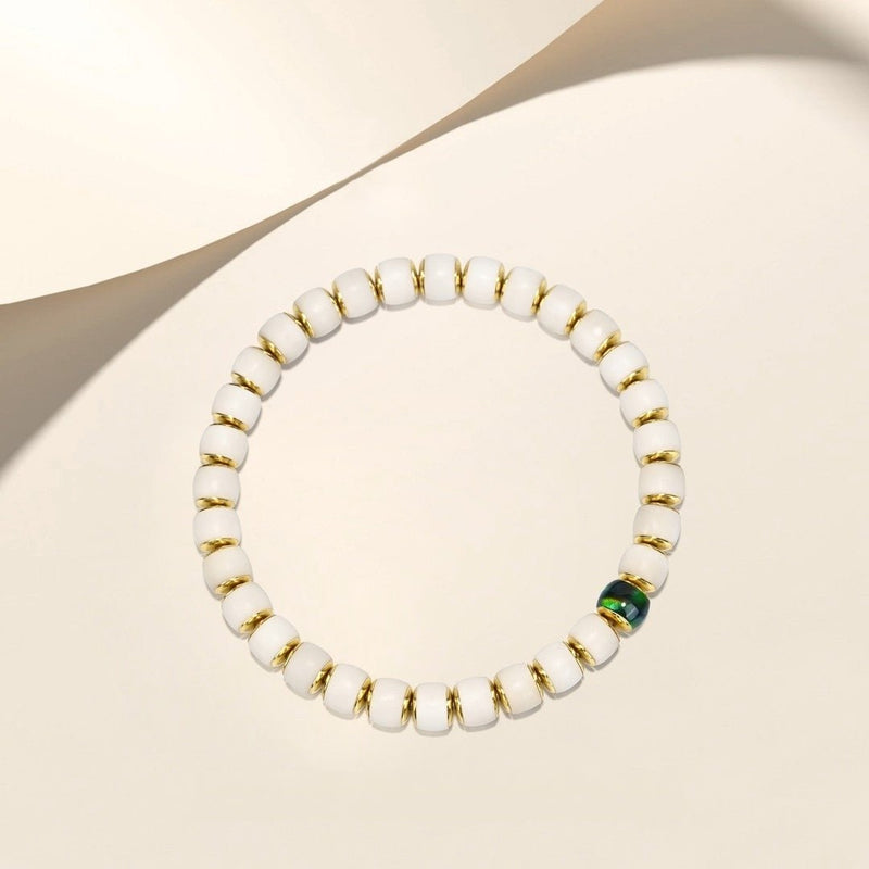 「Golden Aegis」White Bodhi Mala Bracelet - 7mm Hand - Inlaid with "Jade Tide" Plaques for Sovereign Protection & Purification - Buddhabelief