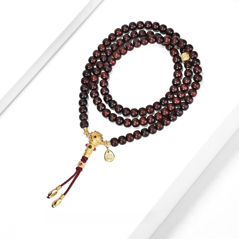 「Celestial Mandate」Old - Growth Sandalwood Mala Necklace - 7mm Beads with Four Emblems & Three Realms Alignment - Buddhabelief