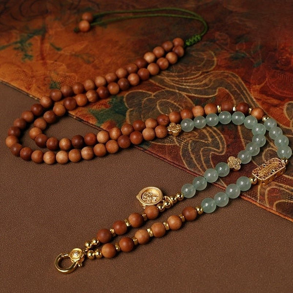 Copper & Wood Bead Thangka Prayer Cord – Adjustable Crystal Accent