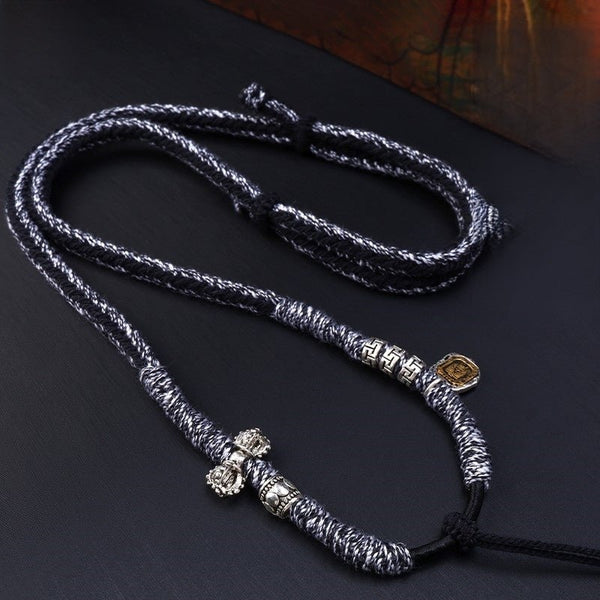 Handwoven Tibetan Thangka Rope – Black-Gray with Silver Accents