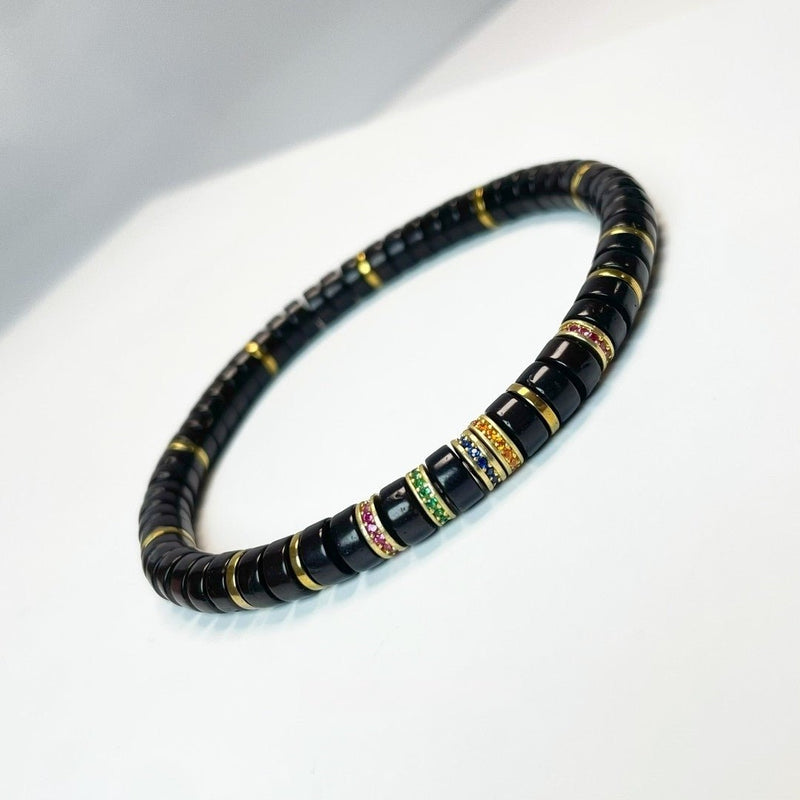 Tibetan - Cut Black Gold Coconut Palm Bracelet – Rainbow Series (Artisanal Tablet Beads) - Buddhabelief