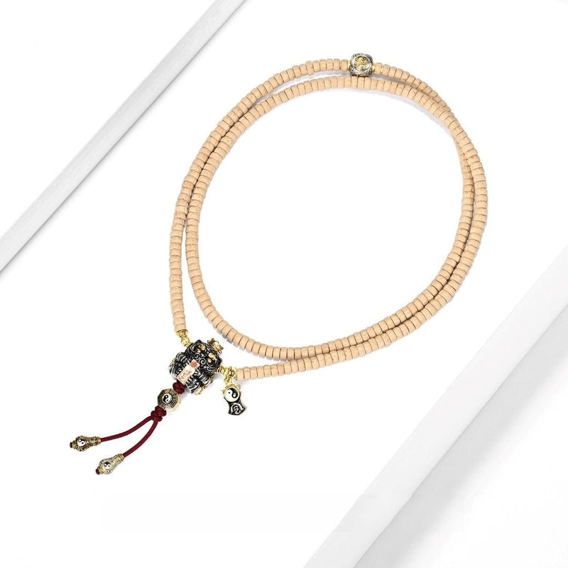 "Golden Honored White Emperor · Mystical Tiger" Taoist Mala - 5mm Regong Cypress Medicine Disc Necklace - Monk - Blessed Spiritual Beads for Authority & Cosmic Protection - Buddhabelief