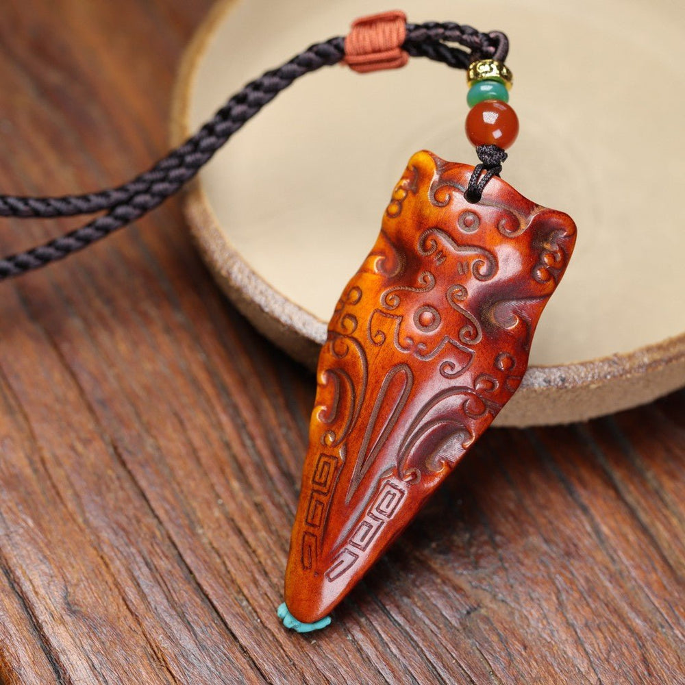 Crackled Patina Yak Bone Vajra Pendant - Auspicious Beast Thunderbolt Scepter — view 1