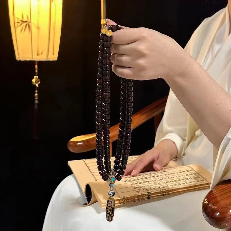 108pcs Sugar - Heart Aged Bodhi Root Mala with Nine - Eyed Dzi Bead • Unisex Prayer Beads - Buddhabelief