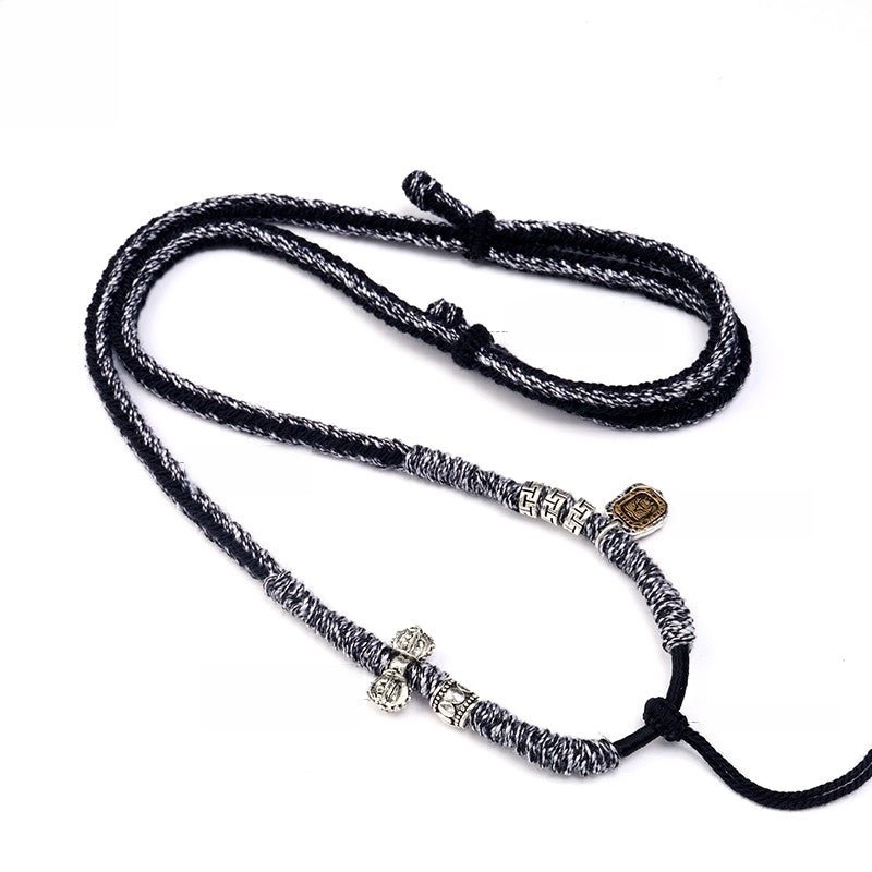 Tibetan Artisan Handwoven Black - Gray Thangka Hanging Rope – Silver Accent for Spiritual & Ethnic Wear - Buddhabelief