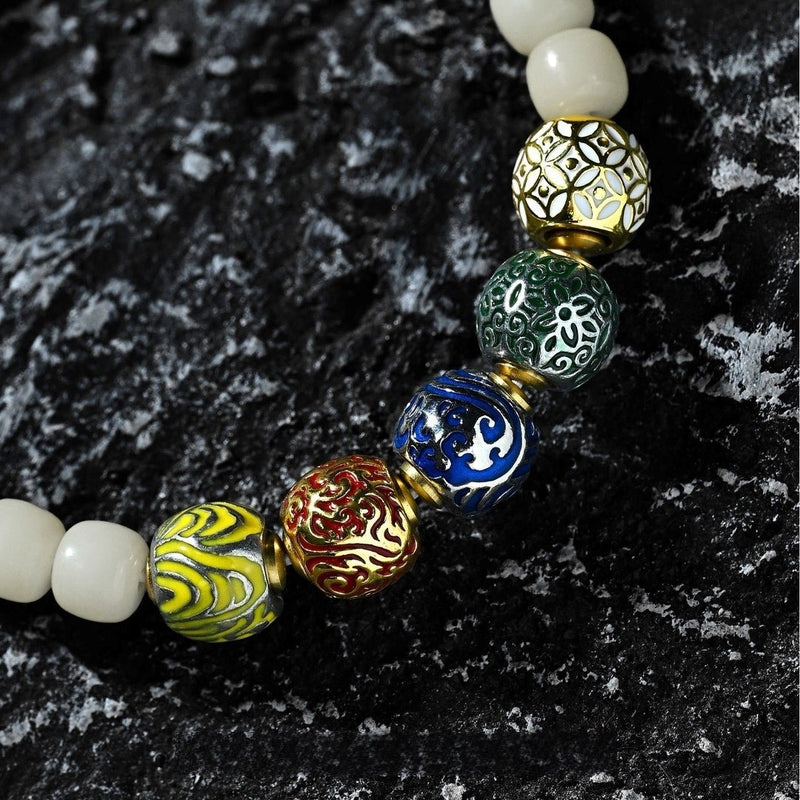 「Five Elements Harmony」Aged Bodhi Seed Mala Bracelet - 8mm Beads with Elemental Gemstone Accents for Balanced Energy Flow - Buddhabelief