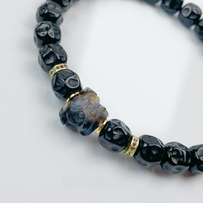 Black Gold Coconut Shell Mala with Hand - Carved Garuda - Intricate Buddhist Protection Bracelet - Buddhabelief
