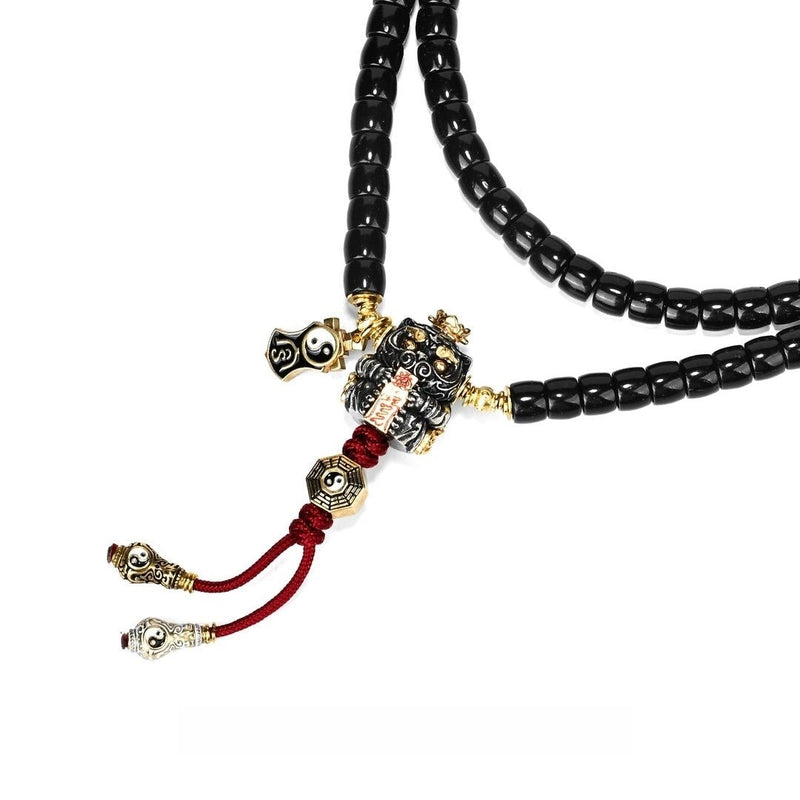 "Golden Honored White Emperor · Mystical Tiger" Taoist Mala - 6mm Black Coconut Shell Prayer Beads - Monk - Blessed Spiritual Jewelry for Wealth Authority & Cosmic Protection - Buddhabelief