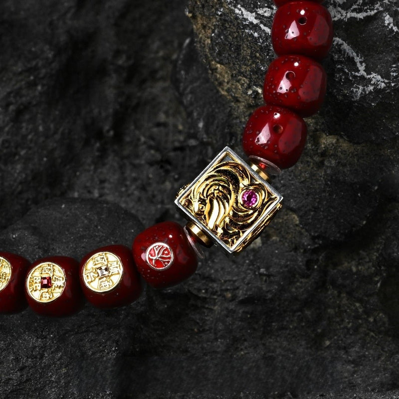'Four Beasts & Five Emperors' Cinnabar - Infused Star Moon Bodhi Bracelet 9mm - Limited Edition Monk - Blessed Spiritual Jewelry for Wealth & Protection - Buddhabelief