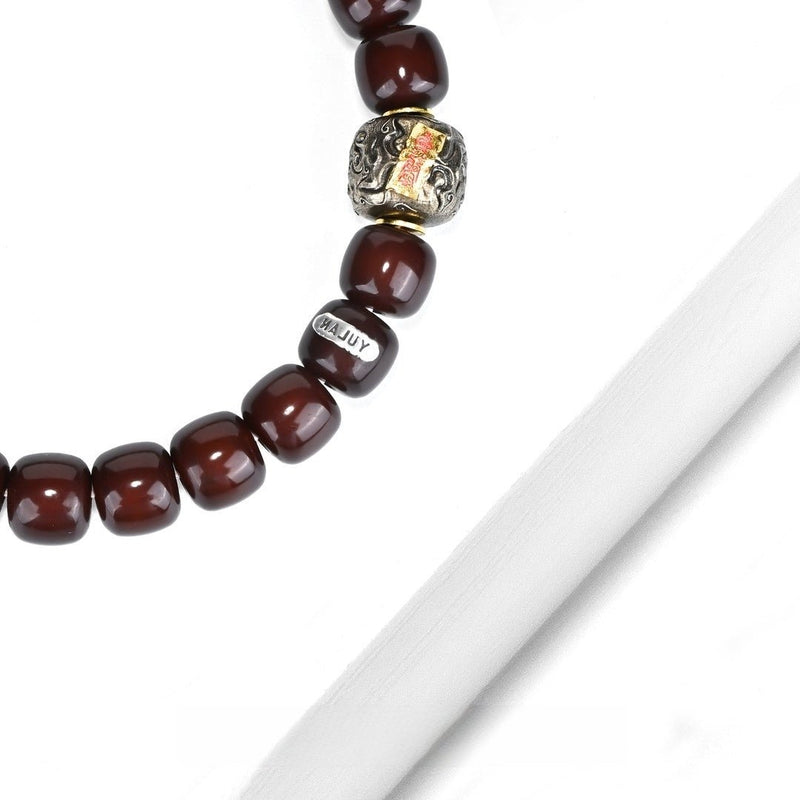 "Crimson Emperor Flow Beads" Taoist Mala - Black - Red Offered Bodhi Root Bracelet - Monk - Blessed Spiritual Protection for Obstacle Removal & Negative Energy Clearing - Buddhabelief