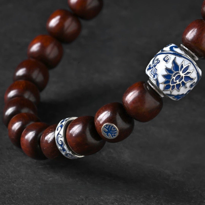Celestial Blue Enamel Sandalwood Mala - Blue - and - White Porcelain Artistry Bracelet - Buddhabelief