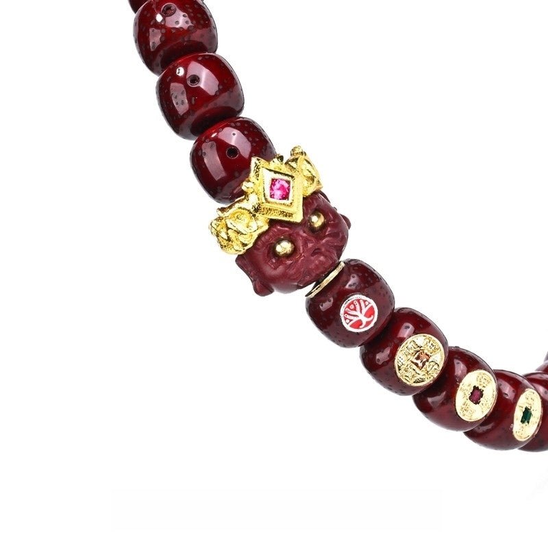 'Wealth Deity's Blessing' Cinnabar - Infused Star Moon Bodhi Bracelet 9x8mm - with Martial Wealth God Pendant - Monk - Blessed for Prosperity & Protection - Buddhabelief