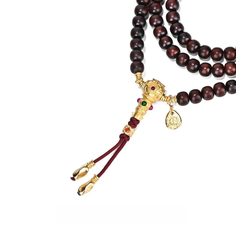 「Celestial Mandate」Old - Growth Sandalwood Mala Necklace - 7mm Beads with Four Emblems & Three Realms Alignment - Buddhabelief