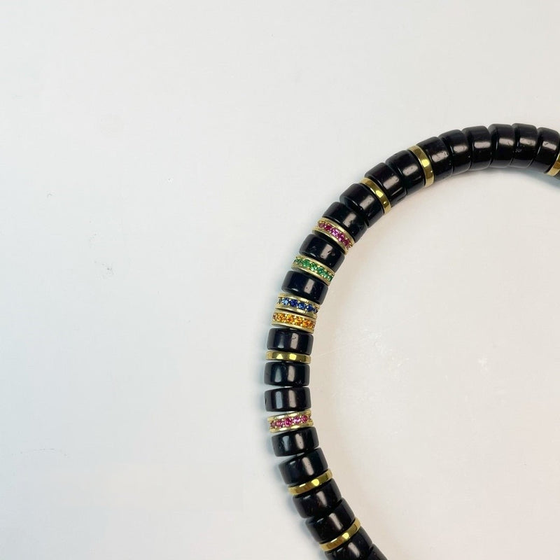 Tibetan - Cut Black Gold Coconut Palm Bracelet – Rainbow Series (Artisanal Tablet Beads) - Buddhabelief