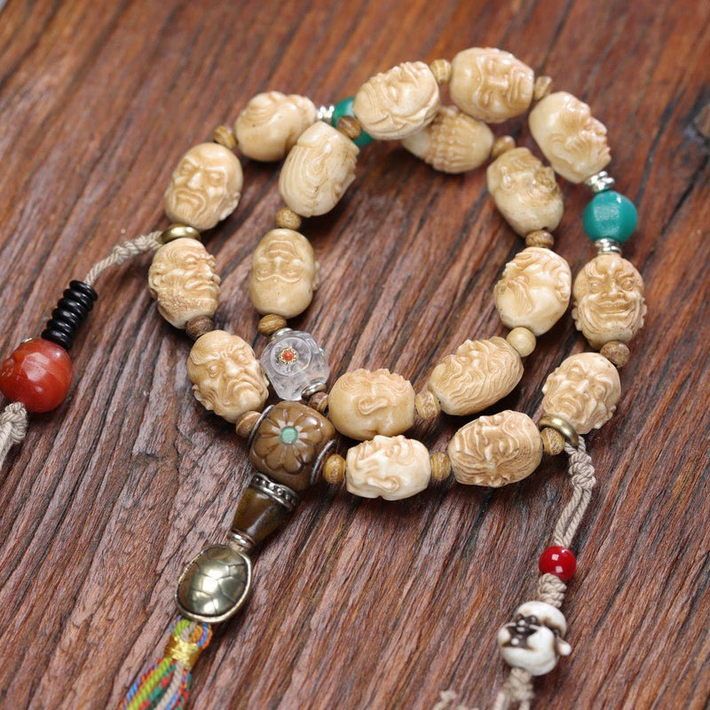18 Arhats Tibetan Yak Bone Mala - Hand Carved Buddhist Prayer Beads - Buddhabelief