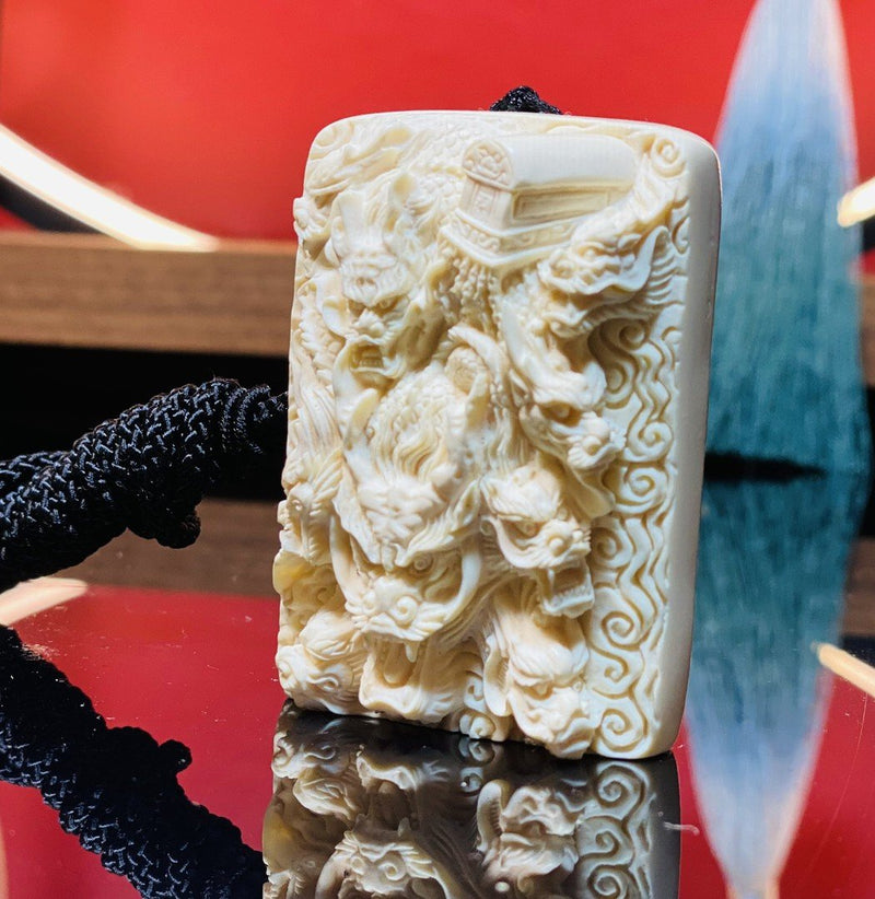 Nine Dragons Pulling Coffin Ivory Nut Carving - Hand - Carved Mythical Art Sculpture - Collector Artifact & Protection Talisman - Buddhabelief