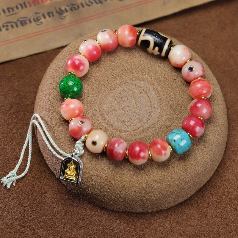 Camel Bone Mala Bracelet with Deer Antler Treasure Vessel Dzi Bead - Monk - Blessed Spiritual Jewelry for Auspicious Blessings & Protection - Buddhabelief