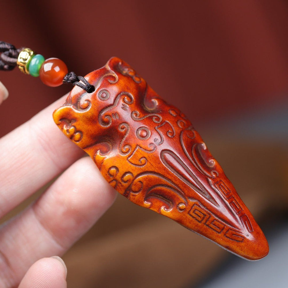 Crackled Patina Yak Bone Vajra Pendant - Auspicious Beast Thunderbolt Scepter — view 2