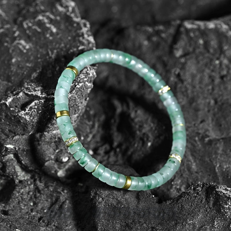 「Jadeite Whisper」Floating Flower Jadeite Tablet Bead Bracelet - 6mm Designer Mala for Serenity & Grace - Buddhabelief