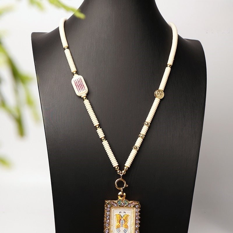 Tibetan Thangka Chain – White Five-Script Yak Bone Design with Steel Clasp — view 2