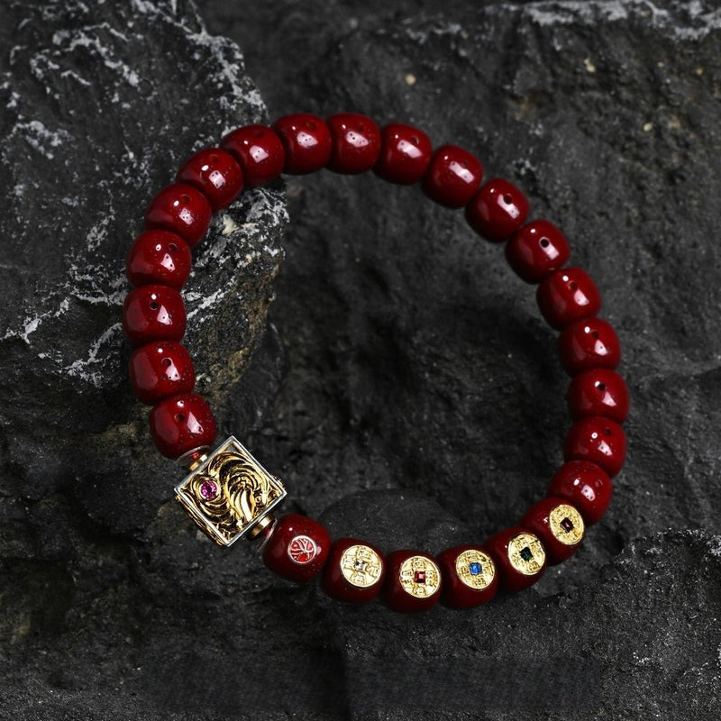 'Four Beasts & Five Emperors' Cinnabar - Infused Star Moon Bodhi Bracelet 9mm - Limited Edition Monk - Blessed Spiritual Jewelry for Wealth & Protection - Buddhabelief